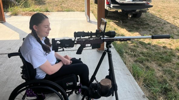 Taylor, an Oregon hunter with cerebral palsy, is getting familiar with her Digital Crosshairs adaptive rifle scope clip-on 